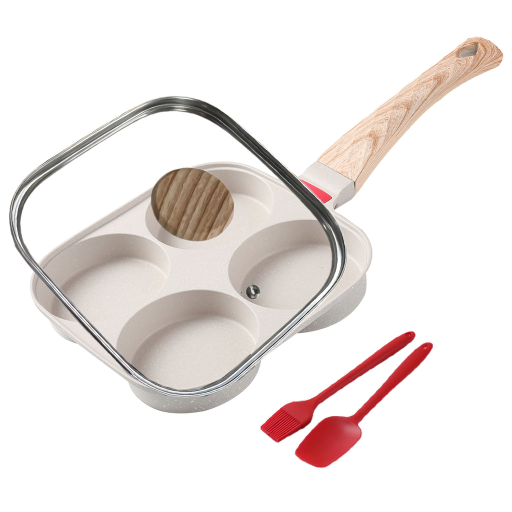 Foorey Home Egg Pan 4 Cup Nonstick Frying Omelette Pan with Lid for Breakfast Skillet for Eggs Pancake with 1 Spatula 1 Brush