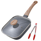 Foorey Home Grill Pan with Lid Non Stick Griddle Pan for Stove Top Indoor Cooking Steak Pan Square Aluminum Skillet Grilling Induction Compatible with Tong 7.48 inches