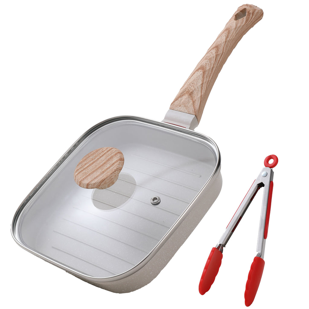 Foorey Home Grill Pan with Lid Non Stick Griddle Pan for Stove Top Indoor Cooking Steak Pan Square Aluminum Skillet Grilling Induction Compatible with Tong 7.48 inches