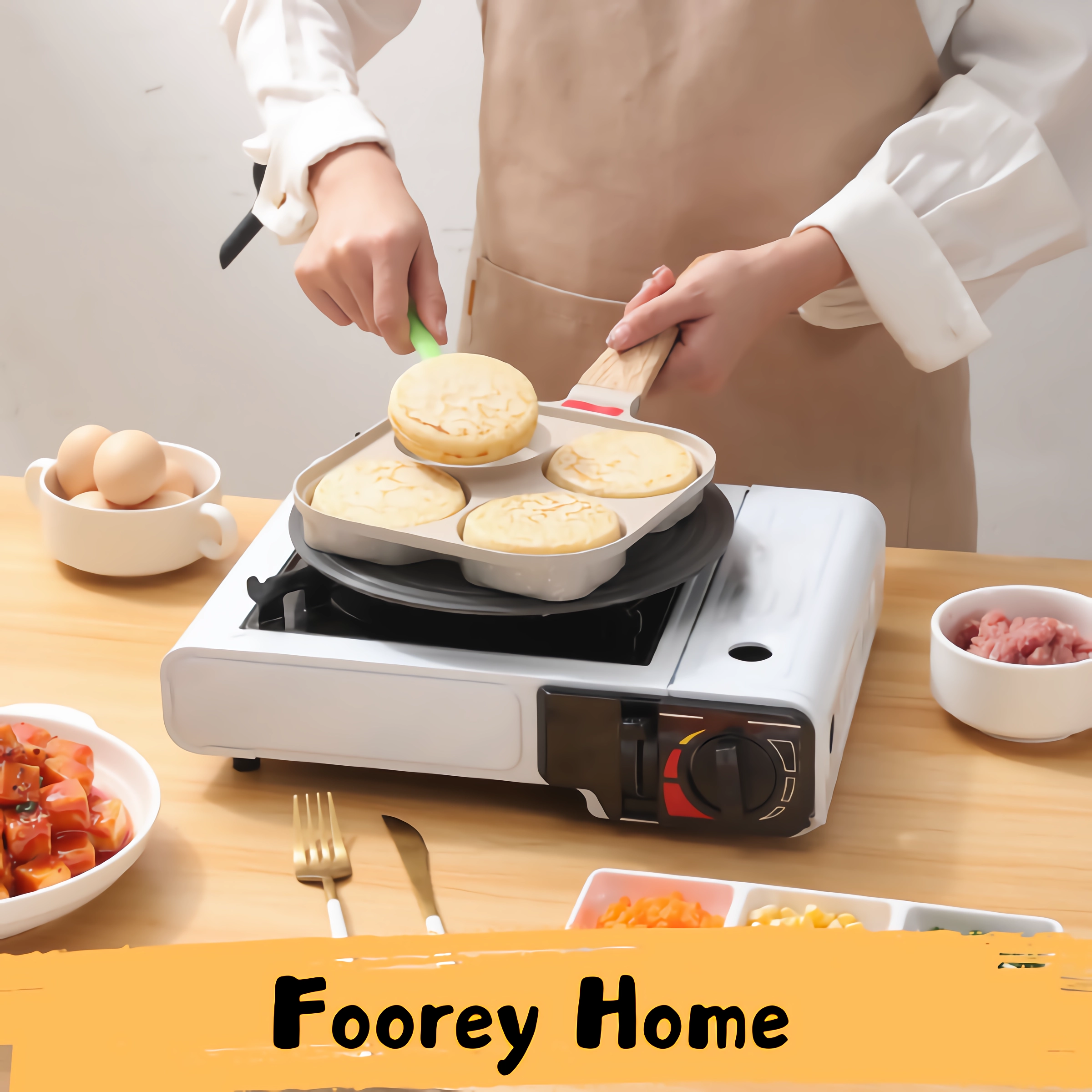 Foorey Home Egg Pan 4 Cup Nonstick Frying Omelette Pan with Lid for Breakfast Skillet for Eggs Pancake with 1 Spatula 1 Brush