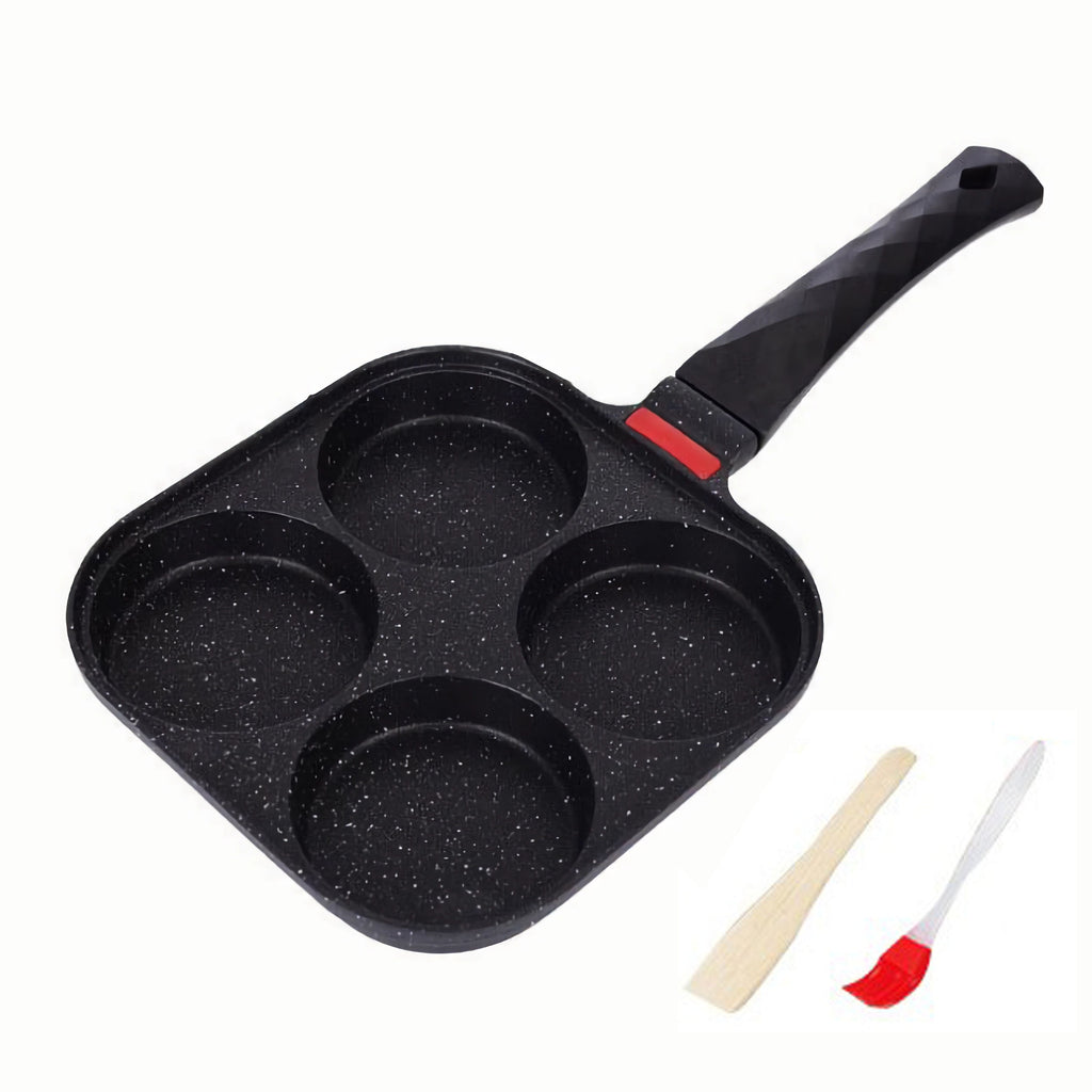 Foorey Home 4 Egg Frying Pan Gas Only Breakfast Omelette Skillet Non-Stick Fried Egg Pan Pancake Pan with 1 Spatula 1 Brush Black
