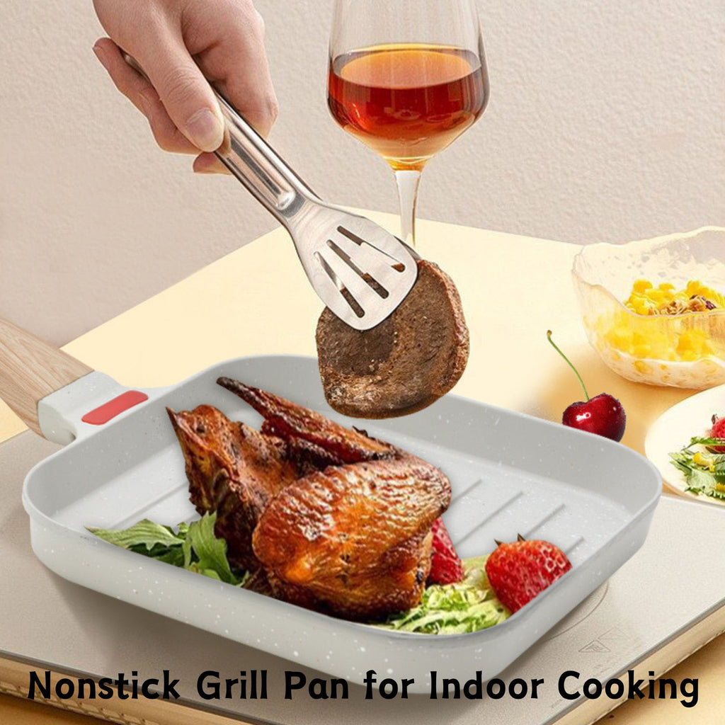 Foorey Home Grill Pan with Lid Non Stick Griddle Pan for Stove Top Indoor Cooking Steak Pan Square Aluminum Skillet Grilling Induction Compatible with Tong 7.48 inches