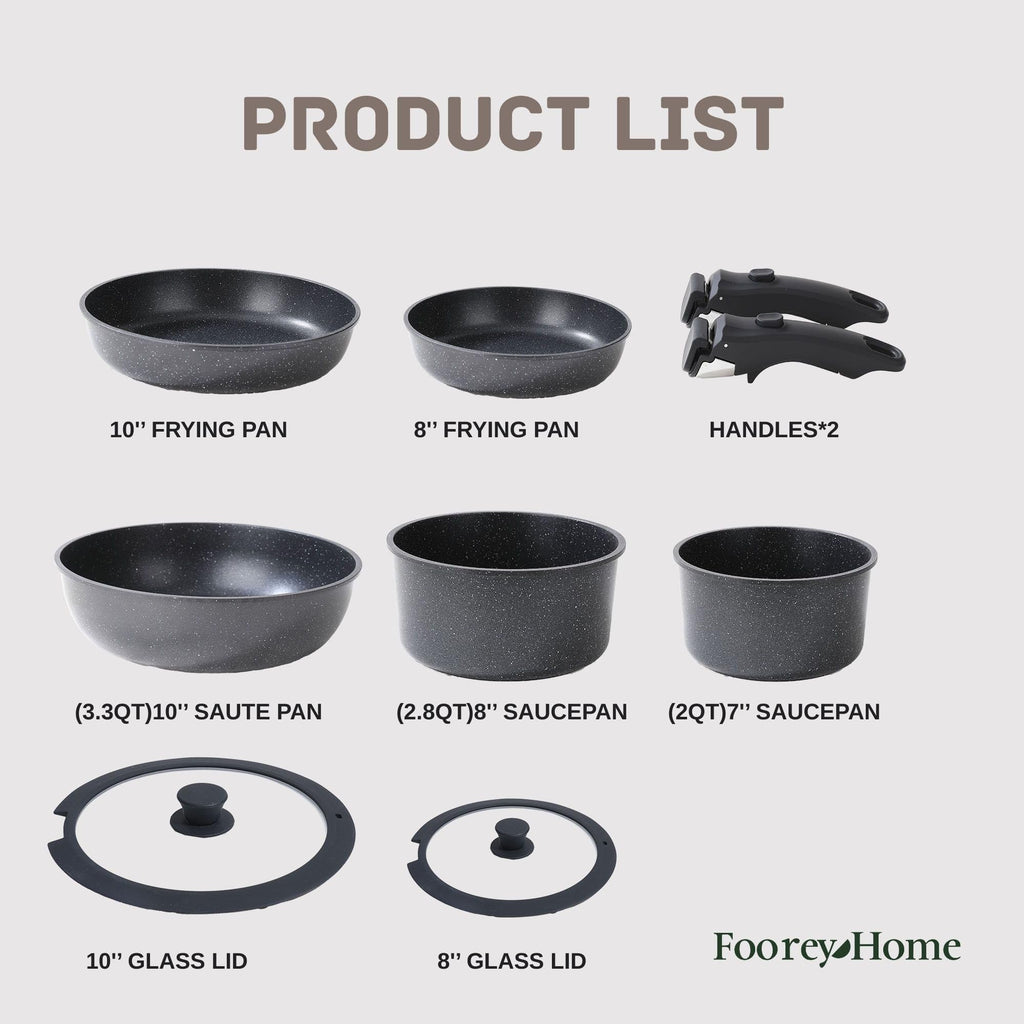 Black Pots and Pans Set Non Stick Removable Handle Ceramic Cookware Set Nonstick 9Pcs Dishwasher Oven Safe RV Kitchen Cooking Set Stackable Induction Cookware (Black, 9Pcs)