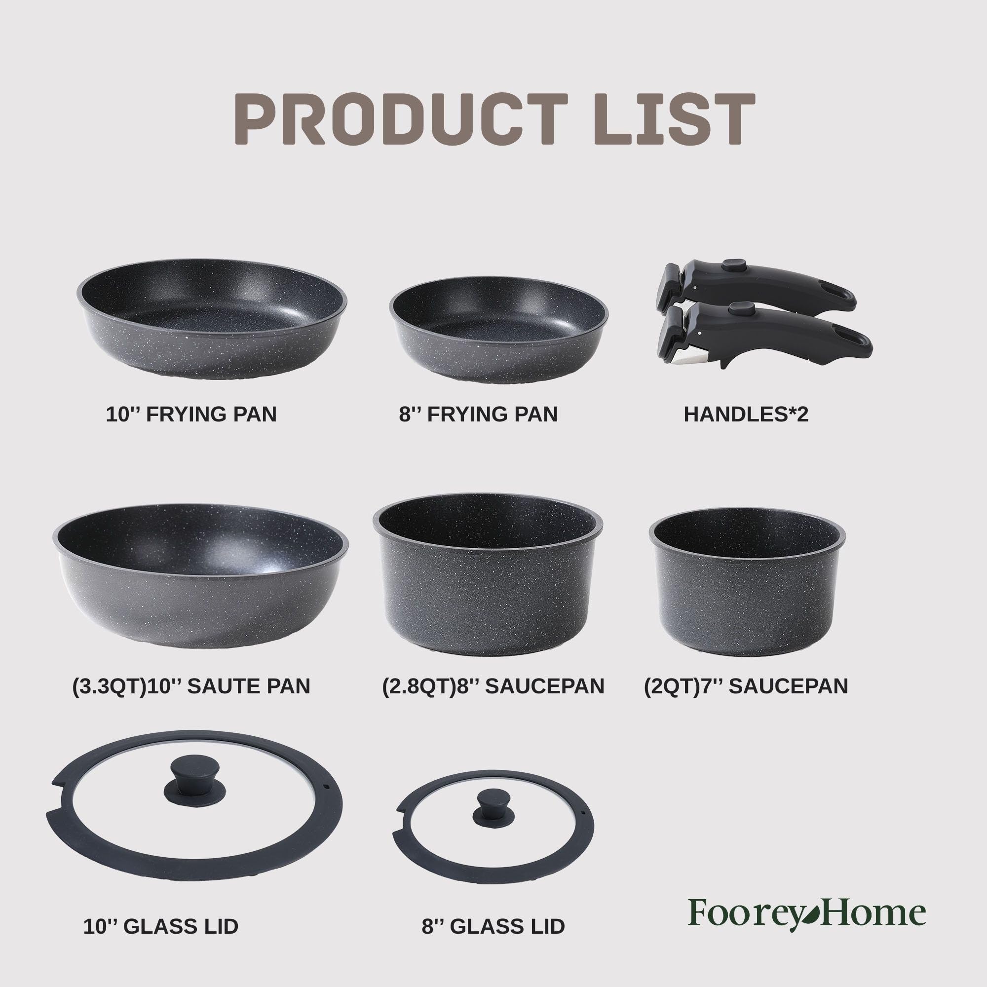 Black Pots and Pans Set Non Stick Removable Handle Ceramic Cookware Set Nonstick 9Pcs Dishwasher Oven Safe RV Kitchen Cooking Set Stackable Induction Cookware (Black, 9Pcs)