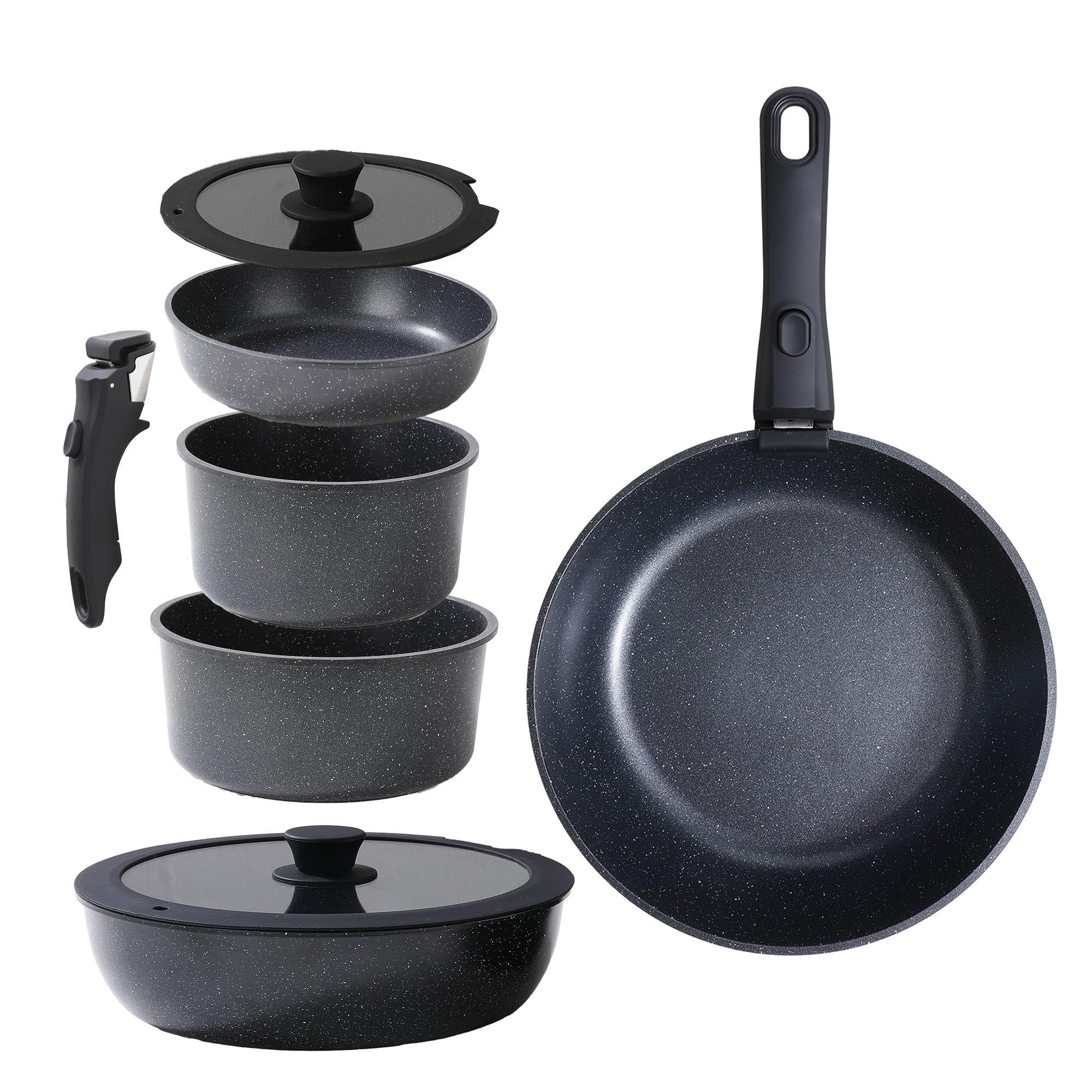 Black Pots and Pans Set Non Stick Removable Handle Ceramic Cookware Set Nonstick 9Pcs Dishwasher Oven Safe RV Kitchen Cooking Set Stackable Induction Cookware (Black, 9Pcs)