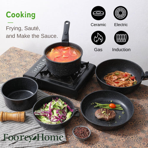 Black Pots and Pans Set Non Stick Removable Handle Ceramic Cookware Set Nonstick 9Pcs Dishwasher Oven Safe RV Kitchen Cooking Set Stackable Induction Cookware (Black, 9Pcs)