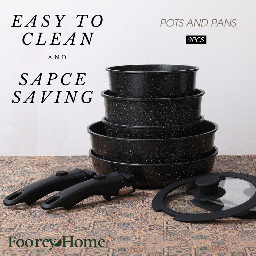 Black Pots and Pans Set Non Stick Removable Handle Ceramic Cookware Set Nonstick 9Pcs Dishwasher Oven Safe RV Kitchen Cooking Set Stackable Induction Cookware (Black, 9Pcs)