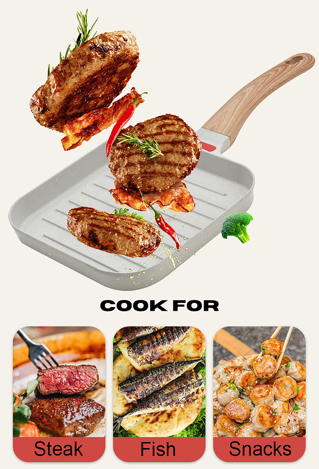 Foorey Home Grill Pan with Lid Non Stick Griddle Pan for Stove Top Indoor Cooking Steak Pan Square Aluminum Skillet Grilling Induction Compatible with Tong 7.48 inches