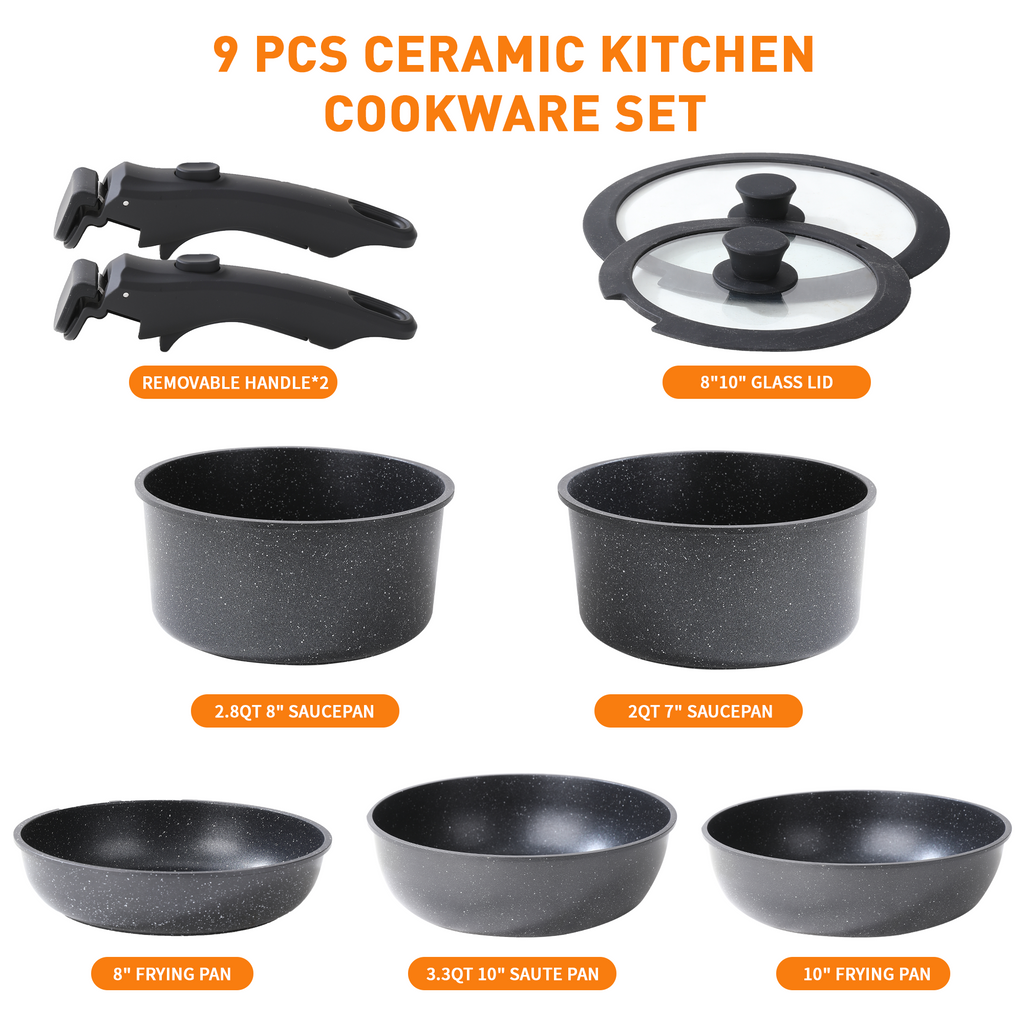 Foorey Home Ceramic Cookware Set 9 Pcs Pots and Pans Set with Detachable Handles Cooking Pan Saucepan Set Skillet Healthy Induction Cookware Oven Safe Dishwasher RV Kitchen