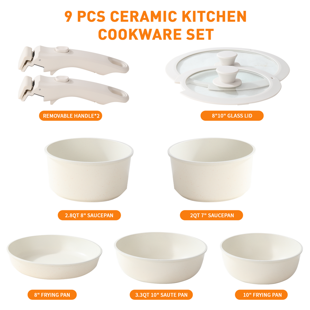 Foorey Home Ceramic Cookware Set 9 Pcs Pots and Pans Set with Detachable Handles Cooking Pan Saucepan Set Skillet Healthy Induction Cookware Oven Safe Dishwasher RV Kitchen