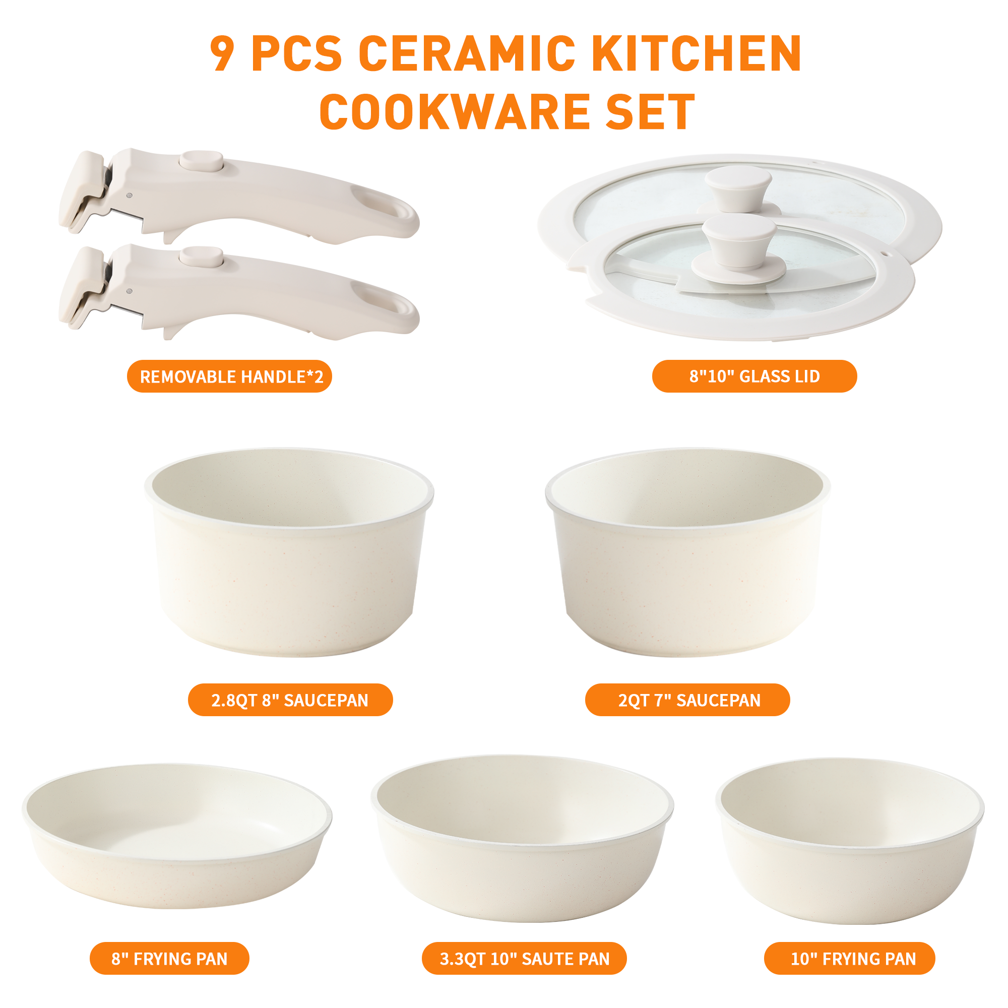 Foorey Home Ceramic Cookware Set 9 Pcs Pots and Pans Set with Detachable Handles Cooking Pan Saucepan Set Skillet Healthy Induction Cookware Oven Safe Dishwasher RV Kitchen