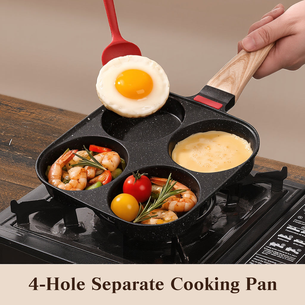 Foorey Home Egg Pan 4 Cup Nonstick Frying Omelette Pan with Lid for Breakfast Skillet for Eggs Pancake with 1 Spatula 1 Brush
