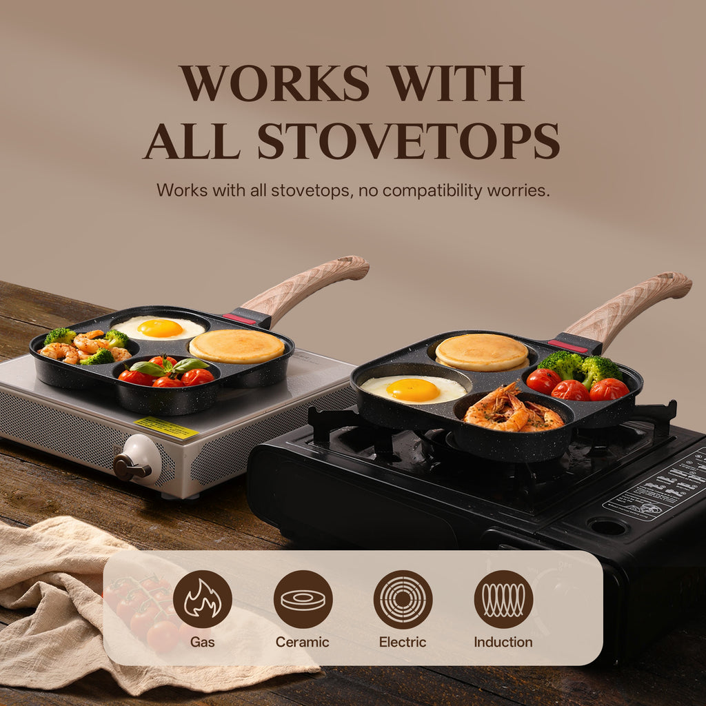 Foorey Home Egg Pan 4 Cup Nonstick Frying Omelette Pan with Lid for Breakfast Skillet for Eggs Pancake with 1 Spatula 1 Brush
