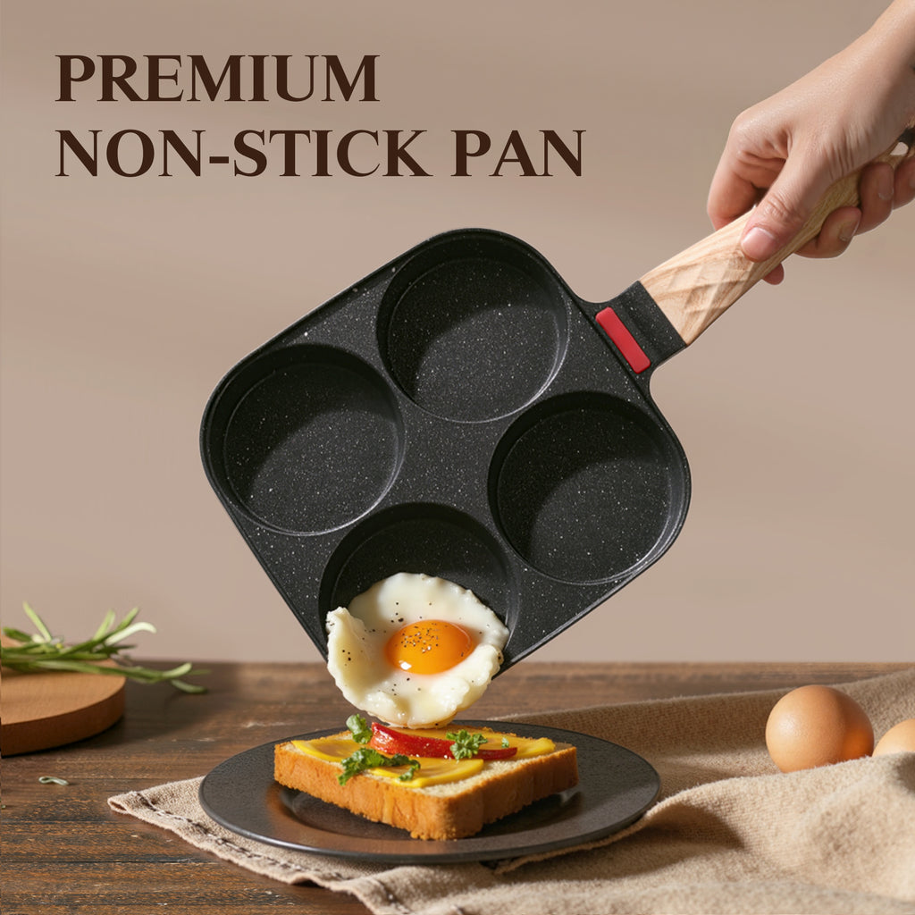 Foorey Home Egg Pan 4 Cup Nonstick Frying Omelette Pan with Lid for Breakfast Skillet for Eggs Pancake with 1 Spatula 1 Brush