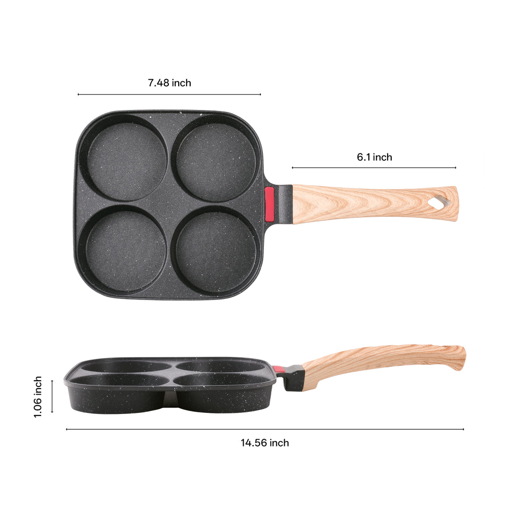 Foorey Home Egg Pan 4 Cup Nonstick Frying Omelette Pan with Lid for Breakfast Skillet for Eggs Pancake with 1 Spatula 1 Brush