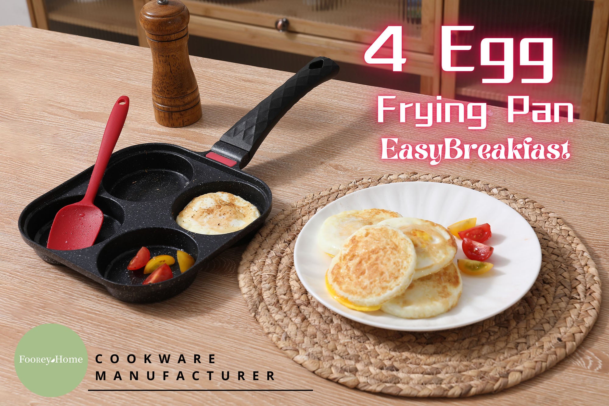 Foorey Home 4 Egg Frying Pan Gas Only Breakfast Omelette Skillet Non-Stick Fried Egg Pan Pancake Pan with 1 Spatula 1 Brush Black