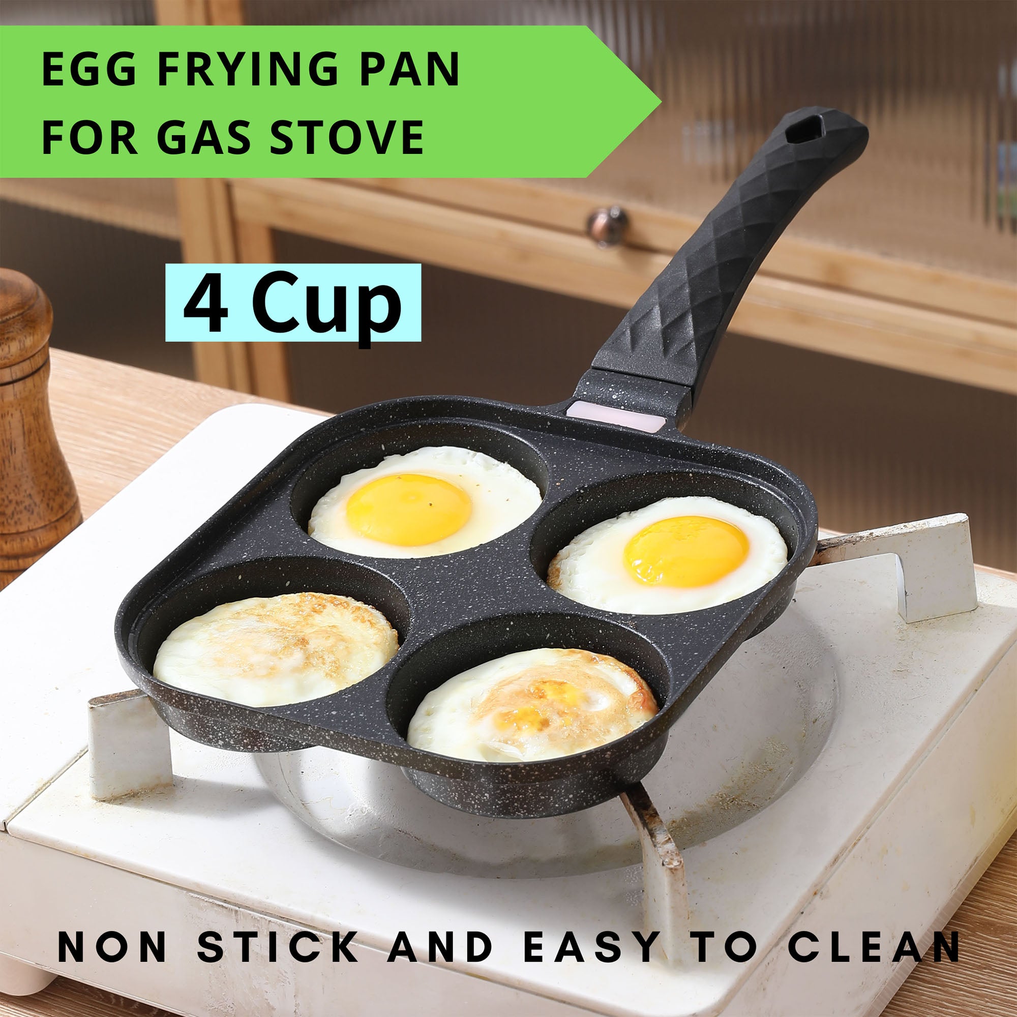 Foorey Home 4 Egg Frying Pan Gas Only Breakfast Omelette Skillet Non-Stick Fried Egg Pan Pancake Pan with 1 Spatula 1 Brush Black