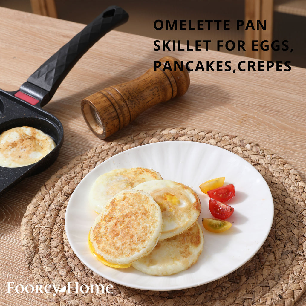 Foorey Home 4 Egg Frying Pan Gas Only Breakfast Omelette Skillet Non-Stick Fried Egg Pan Pancake Pan with 1 Spatula 1 Brush Black
