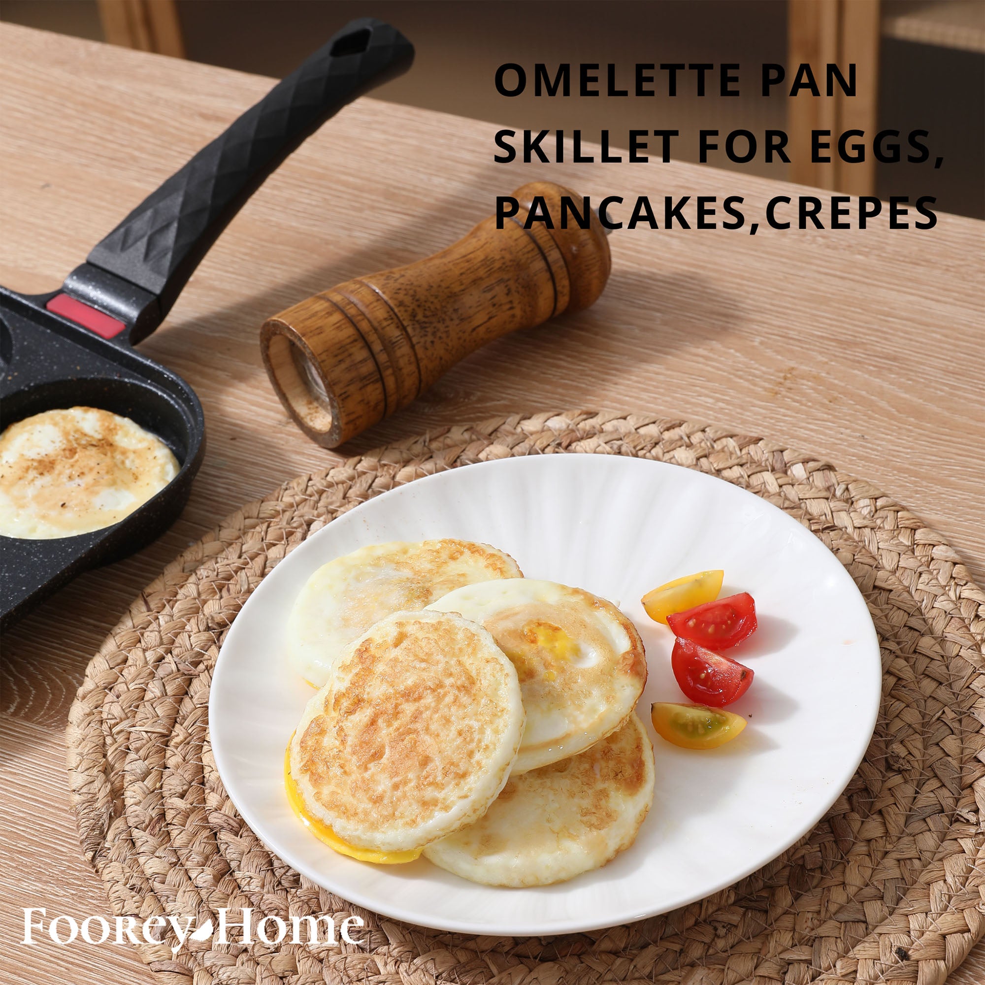 Foorey Home 4 Egg Frying Pan Gas Only Breakfast Omelette Skillet Non-Stick Fried Egg Pan Pancake Pan with 1 Spatula 1 Brush Black
