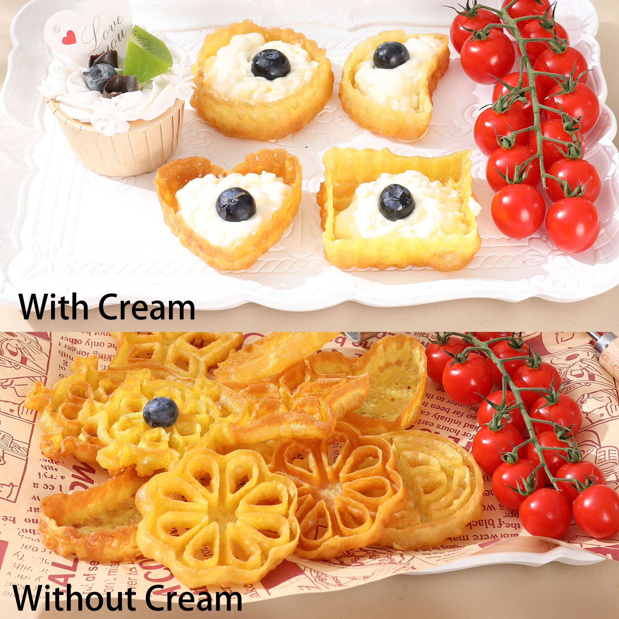 Foorey Home Rosette Maker with 8 Heads Bunuelos Mold with 2 Handle Waffle Cooking Stamp Cookie Press Mold for Kitchen Baking Funnel Cake Mould Star Flower Circle Heart Hexagon Square 10 Pieces