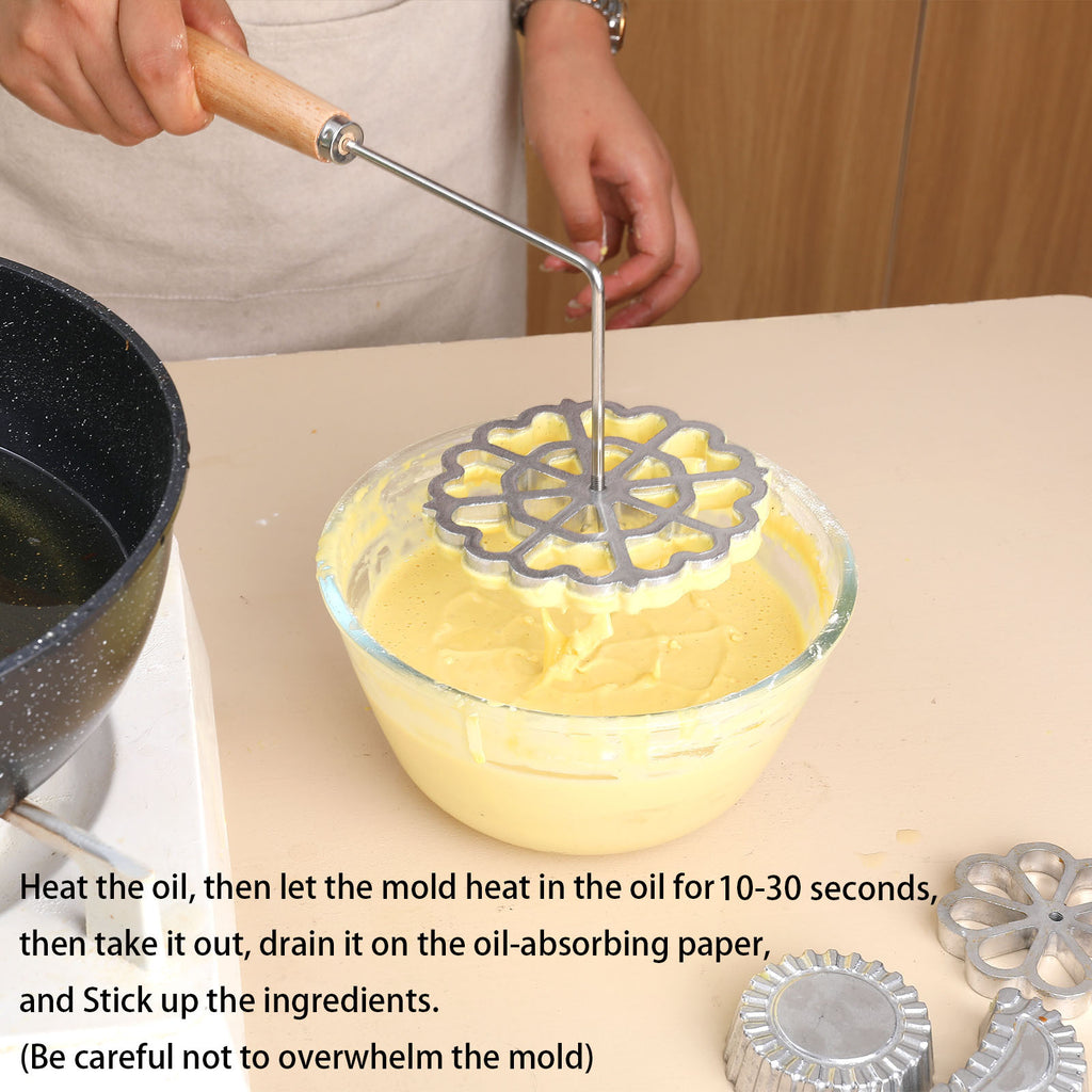 Foorey Home Rosette Maker with 8 Heads Bunuelos Mold with 2 Handle Waffle Cooking Stamp Cookie Press Mold for Kitchen Baking Funnel Cake Mould Star Flower Circle Heart Hexagon Square 10 Pieces