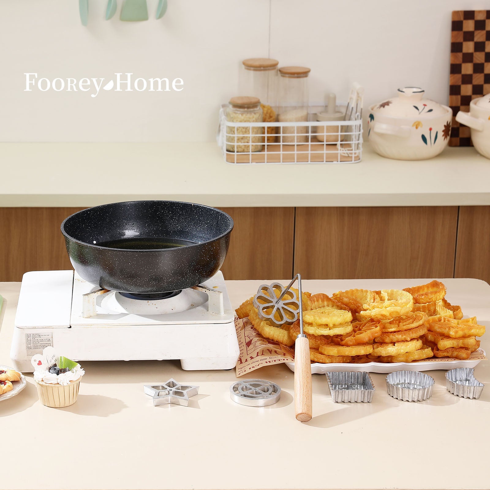 Foorey Home Rosette Maker with 8 Heads Bunuelos Mold with 2 Handle Waffle Cooking Stamp Cookie Press Mold for Kitchen Baking Funnel Cake Mould Star Flower Circle Heart Hexagon Square 10 Pieces