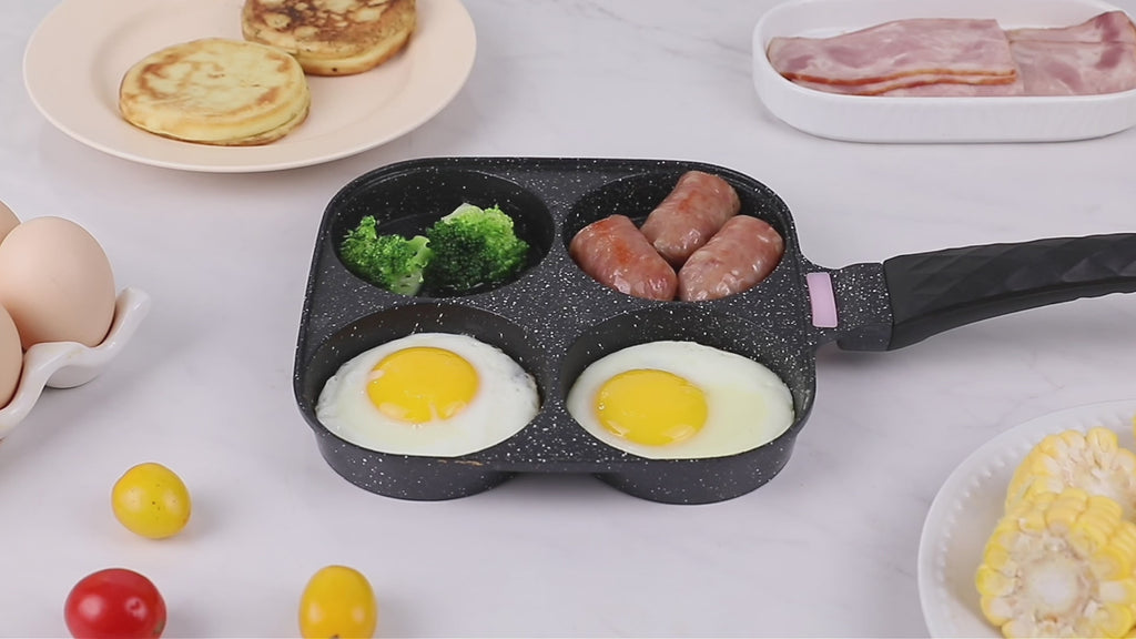 Foorey Home 4 Egg Frying Pan Gas and Induction Breakfast Omelette Skillet Non-Stick Fried Egg Pan Pancake Pan with 1 Spatula 1 Brush Black