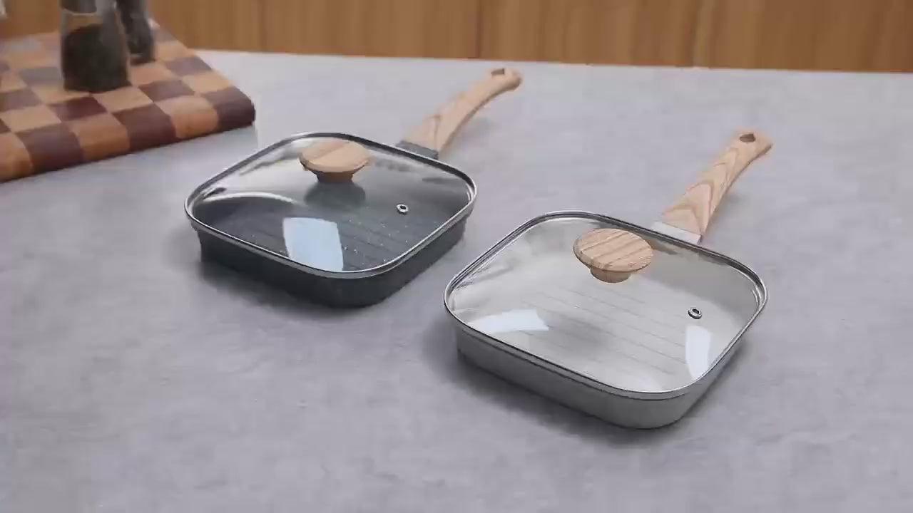 Foorey Home Grill Pan with Lid Non Stick Griddle Pan for Stove Top Indoor Cooking Steak Pan Square Aluminum Skillet Grilling Induction Compatible with Tong 7.48 inches