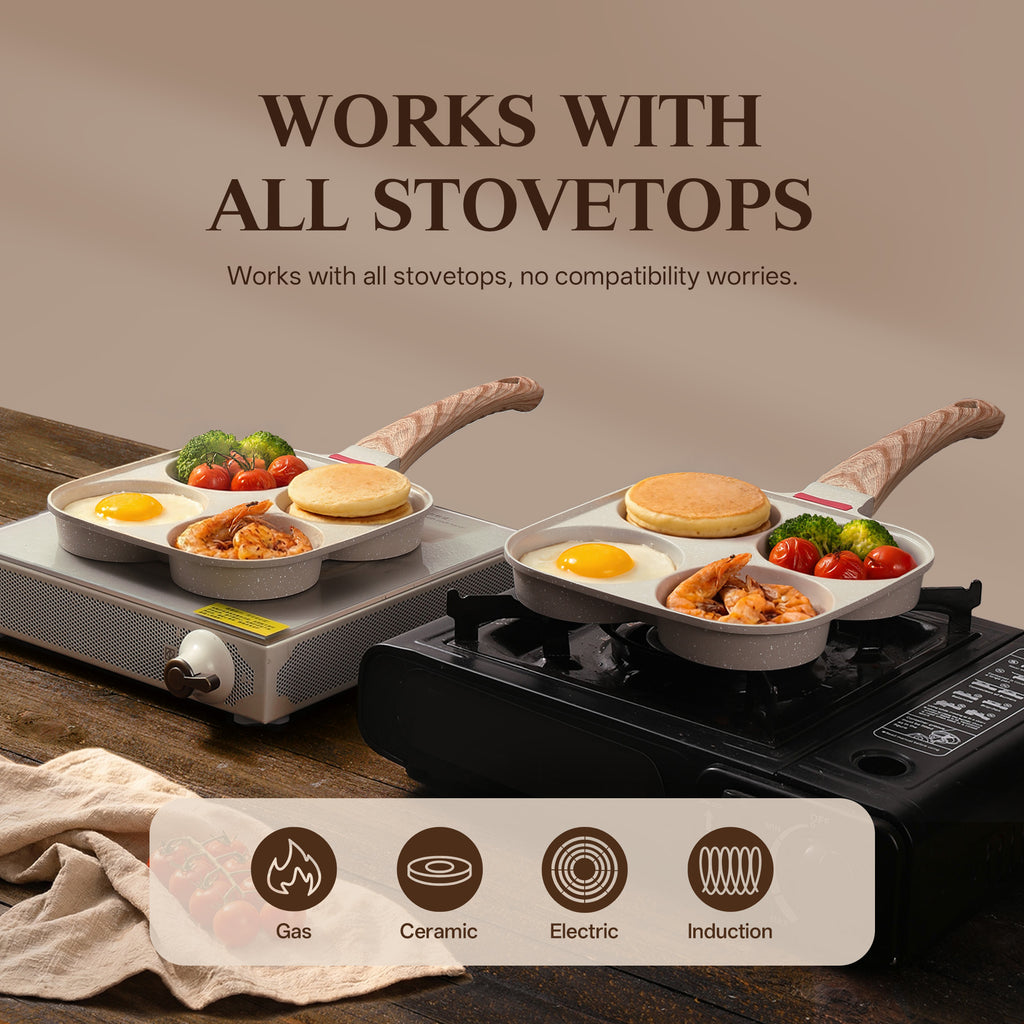 Foorey Home Egg Pan 4 Cup Nonstick Frying Omelette Pan with Lid for Breakfast Skillet for Eggs Pancake with 1 Spatula 1 Brush