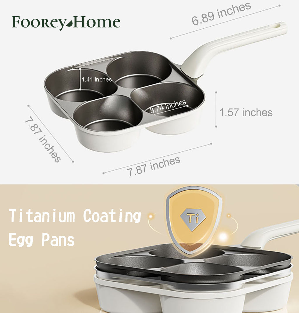 Foorey Home Egg Pan Upgraded Titanium 4-Cup Nonstick Fried Egg Omelette Pan with Ergonomic Handle Breakfast Skillet Pancake Gas Stove and Induction Compatible Ideal for Mom