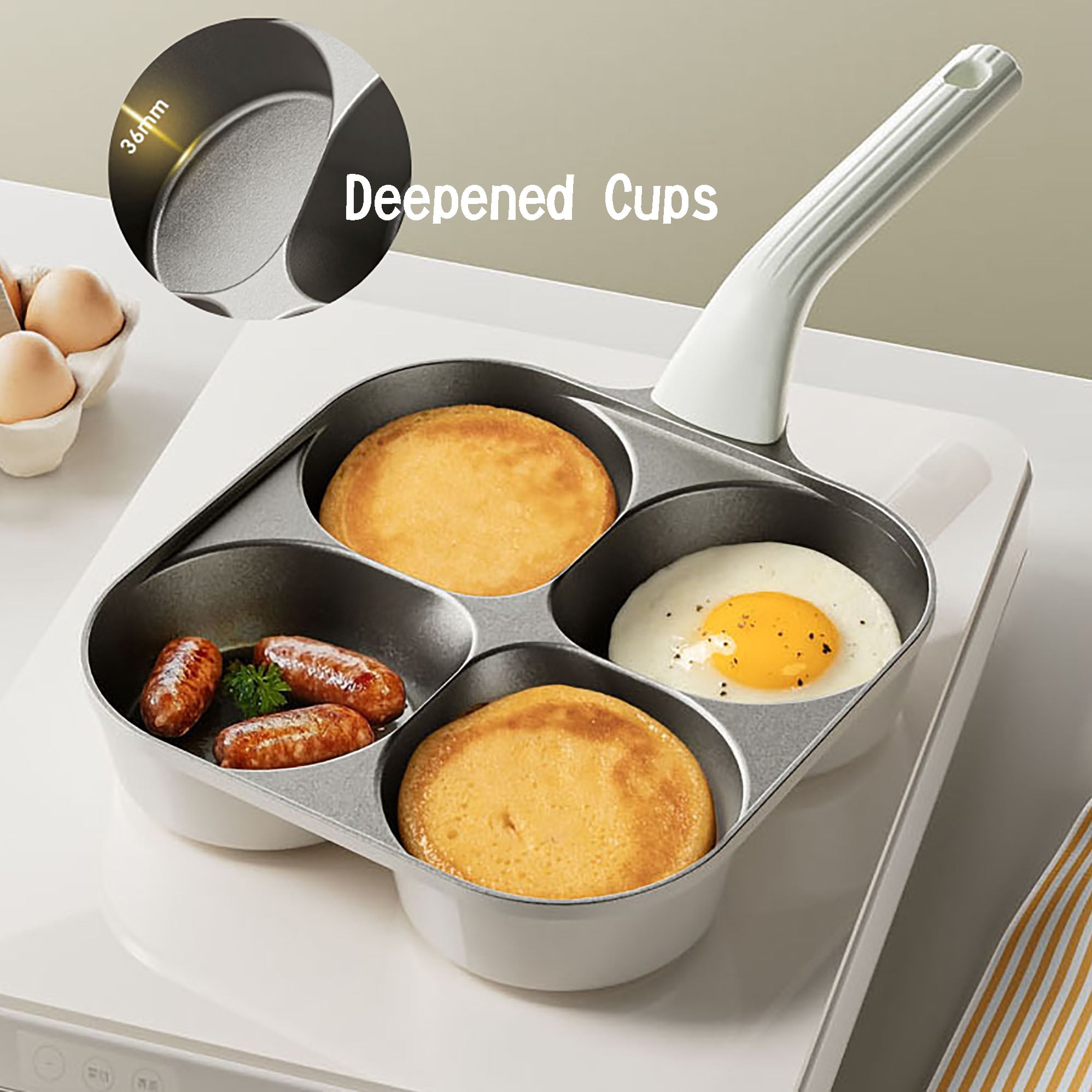 Foorey Home Egg Pan Upgraded Titanium 4-Cup Nonstick Fried Egg Omelette Pan with Ergonomic Handle Breakfast Skillet Pancake Gas Stove and Induction Compatible Ideal for Mom